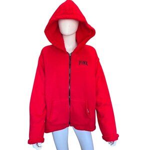 Victorias Secret Pink Red Sherpa-Lined Hoodie Jacket Zip & Pockets Womens Sz XL
